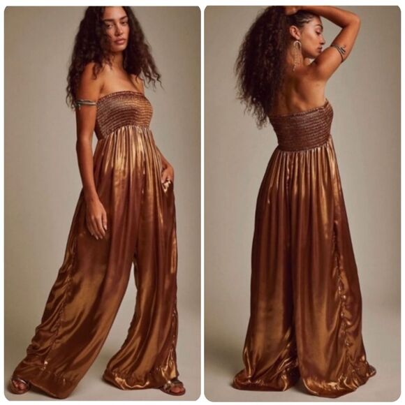 Free People Julie One Piece Strapless Wide Leg Jumpsuit in CopperSize XS